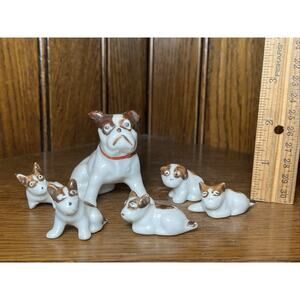 (6) Vintage Miniature Boston Terrier Dog Family Set Porcelain Japan Figurine LOT